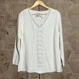 Bedford Fair Womens White Knit Sweater Size PM Lace Grandmacore